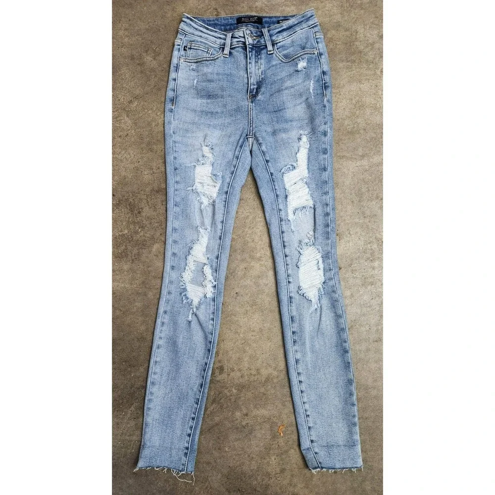 Judy Blue Skinny Fit Jeans‎ Women's 1/25 Blue Denim Mid Rise Distressed Stretch